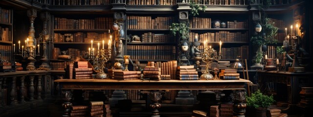 In the expansive view, a grand library stretches out, its towering shelves laden with ancient tomes. Each book, a testament to history, beckons with tales of epochs past, creating an ambiance of rever - obrazy, fototapety, plakaty