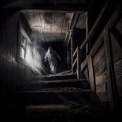 Scary ghost in the attic. Haunted house for Halloween.