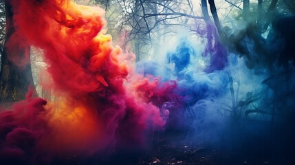 Obraz na płótnie Canvas Colorful smoke in a vibrant forest setting