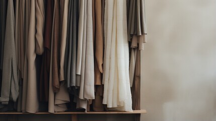 Fototapeta na wymiar Generative AI, Cloth store aesthetic background, photo of clothes hanging on hangers, muted neutral colors