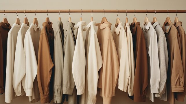 Generative AI, Cloth store aesthetic background, photo of clothes hanging on hangers, muted neutral colors