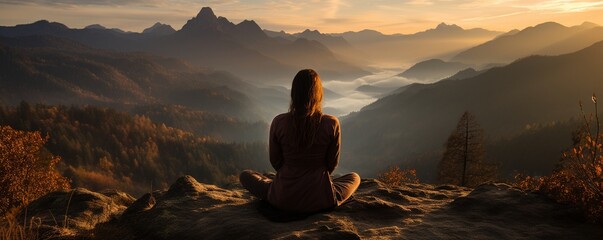 Obraz premium Sunrise panorama of a young woman doing yoga in the mountains.
