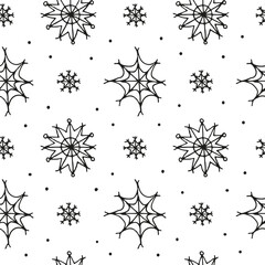 Seamless pattern with hand drawn snowflakes, dots.