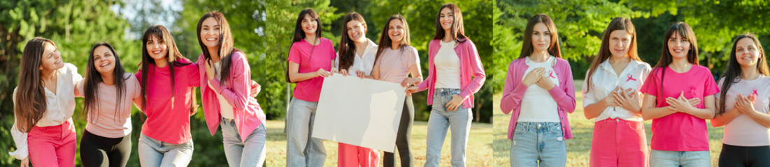 Collage of smiling confident women with pink ribbon on t shirts looking at camera