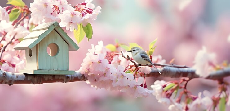 Little bird on cherry blossom tree with birdhouse in spring time