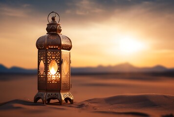 Lantern in the desert at sunset. Ramadan Kareem background - obrazy, fototapety, plakaty