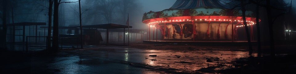 Nighttime abandoned amusement park with sanatorium, ferris wheel, and foggy park. Background concept for Halloween. Generative AI