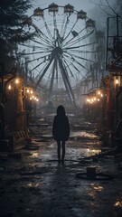 Nighttime abandoned amusement park with sanatorium, ferris wheel, and foggy park. Background concept for Halloween. Generative AI