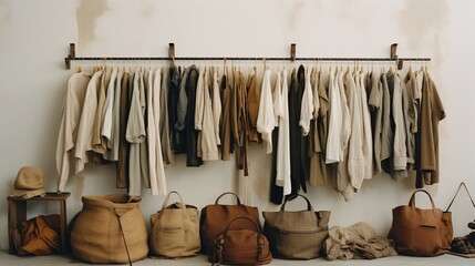 Generative AI, Cloth store aesthetic background, photo of clothes hanging on hangers, muted neutral colors