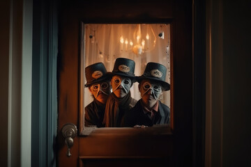 People with Halloween letters on their heads are standing on the threshold of the house, the view from the peephole of the door. Generative AI.