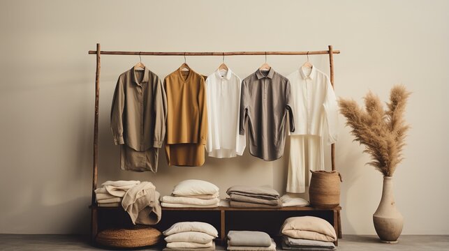 Generative AI, Cloth Store Aesthetic Background, Photo Of Clothes Hanging On Hangers, Muted Neutral Colors