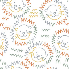 Beautiful kids vector seamless pattern with cute hand drawn lion faces. Children stock illustratrion.