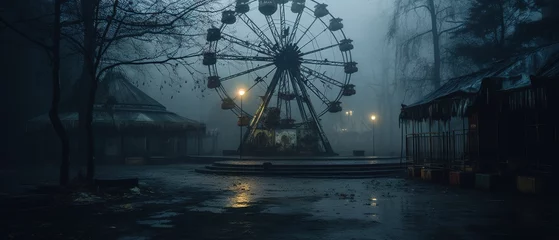 Deurstickers Nighttime abandoned amusement park with sanatorium, ferris wheel, and foggy park. Background concept for Halloween. Generative AI © Fokasu Art