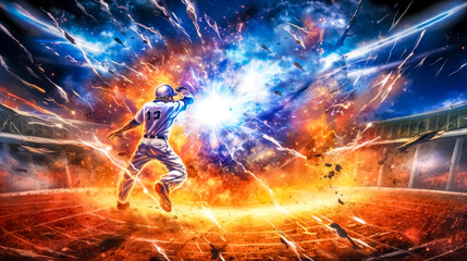 baseball player on fire, energy and movement of the game in arena