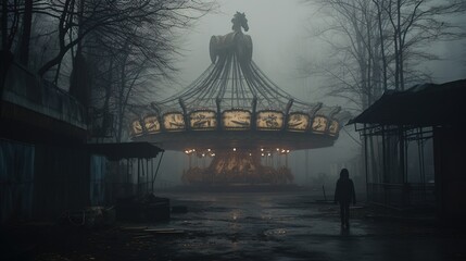 Nighttime abandoned amusement park with sanatorium, ferris wheel, and foggy park. Background concept for Halloween. Generative AI - obrazy, fototapety, plakaty