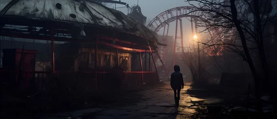 Foto auf Acrylglas Nighttime abandoned amusement park with sanatorium, ferris wheel, and foggy park. Background concept for Halloween. Generative AI © Fokasu Art