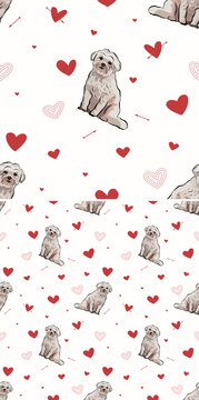 Coton de Tulear Dog Breed. Valentine's day pattern with dogs and hearts on a white background. Love doodles hearts with pets holiday texture. Square background, repeatable pattern. St Valentine.