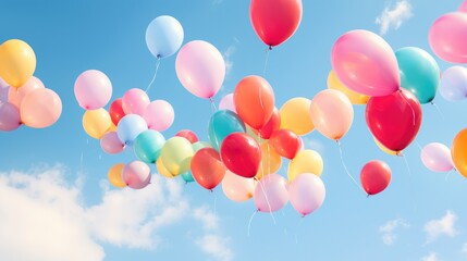 Colorful balloons floating in the sky. Generative AI