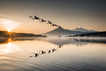 Obraz na płótnie Canvas birds flying in row over the lake