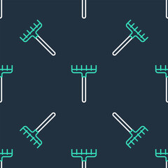 Line Garden rake icon isolated seamless pattern on black background. Tool for horticulture, agriculture, farming. Ground cultivator. Housekeeping equipment. Vector