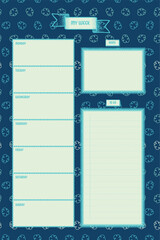 Weekly spread template suitable for planners, journals or printing. Week starts on Monday, each day has its own section. It has space to add pictures for inspiration and a list of To Do's.