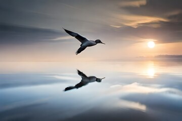 Fototapeta na wymiar bird flying over the lake