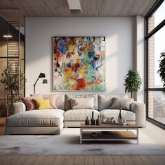 Minimalist living room interior with sofa decor on a large wall. Home Nordic interior | Scandinavian interior poster mock up