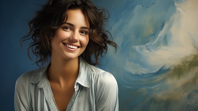 pretty woman laughing on a blue background