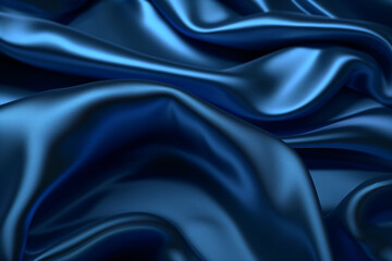 Fototapeta premium Deep blue silk fabric with a smooth shiny surface draped to create folds and curves under soft diffused lighting.