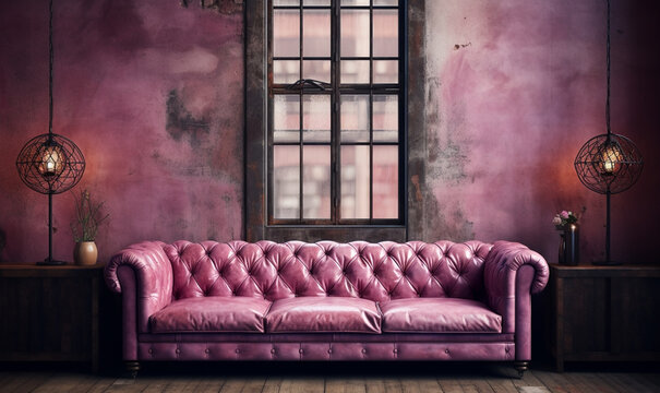 altes pinkfarbenes Sofa vor grauer Wand im modernen Loft