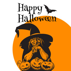 Hand drawn old witch bent over three Halloween pumpkins. Vector illustration isolated on Moon background.