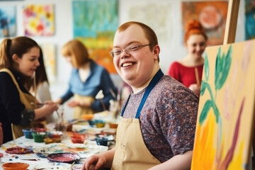 Young smiling man with Down syndrome on art workshop with a group of students, learning a new skill. Social integration concept.