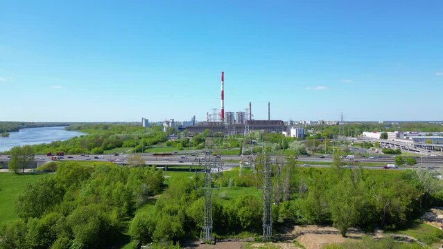 Drone aerial footage of Industrial Power plant in Eastern Europe. Coal and natural gas electricity generation installation. 4K quality.