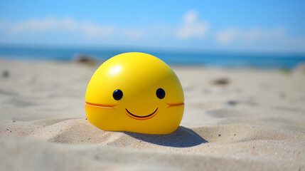 Fototapeta na wymiar Joyful cute smiling yellow ball on beach sand, Summer vibes optimism and Happiness