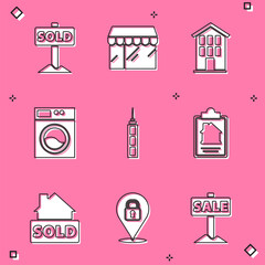 Set Hanging sign with text Sold, Market store, House, Washer, Skyscraper, contract, and Location lock icon. Vector