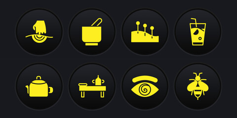 Set Kettle with handle, Fresh smoothie, Massage table oil, Hypnosis, Acupuncture therapy, Mortar pestle, Bee and icon. Vector