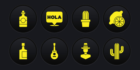Set Tequila bottle, Lemon, Mexican guitar, man sombrero, Cactus or succulent in pot, Hola, and icon. Vector © vector_v