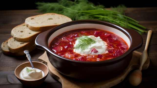 Sour borscht with side chapel, bacon and sour cream new quality universal colorful technology stock image illustration design, generative ai