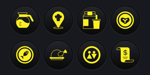 Set Served fish on a plate, Steak meat, Roasted turkey or chicken, Toilet, Online ordering and delivery, Chef hat with location, Paper financial check and Coffee pot icon. Vector