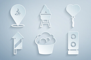 Set Muffin, Balloons form of heart, Firework rocket, Stereo speaker, Barbecue grill and Slice pizza icon. Vector