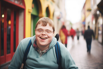 Obraz premium Portrait of a happy young smiling man with Down syndrome on the street, traveling. 