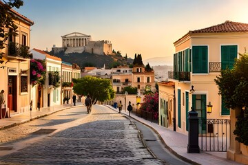 Buildings in the district of Plaka in Athens by the Acropolis. - obrazy, fototapety, plakaty