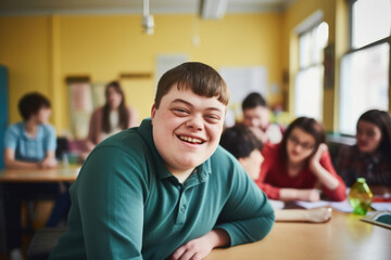 Portrait of a young smiling man with Down syndrome in the classroom with his classmates. Social integration concept. - obrazy, fototapety, plakaty