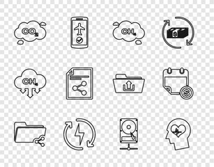 Set line Share folder, Head with heartbeat, Methane emissions reduction, Recharging, CO2 cloud, file, Hard disk drive sharing network and Financial calendar icon. Vector