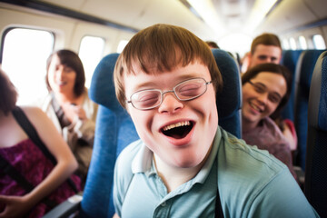 Portrait of a happy young smiling man with Down syndrome inside the vehicle traveling with his friends. Social integration concept.