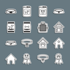Set line Pet award symbol, Veterinary medicine hospital, Dog house, Canned food for dog, Bag of pet, bowl and carry case icon. Vector