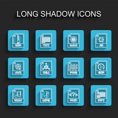 Set line WAV file document, MP3, ZIP, PHP, PPT, OBJ, GIF and PNG icon. Vector