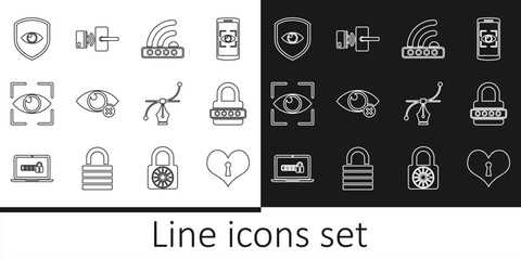 Set line Heart with keyhole, Password protection, Wifi locked, Invisible hide, Eye scan, Shield and eye, Bezier curve and Digital door wireless icon. Vector