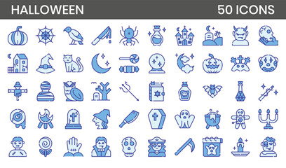 Halloweens (blue color) icons set. The element collection includes moments of the Halloween and can be used in social media posts, web design, app design, and more.