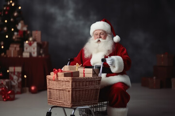 Santa Claus near a shopping cart full of present box on a green background christmas tree.  Generative AI.